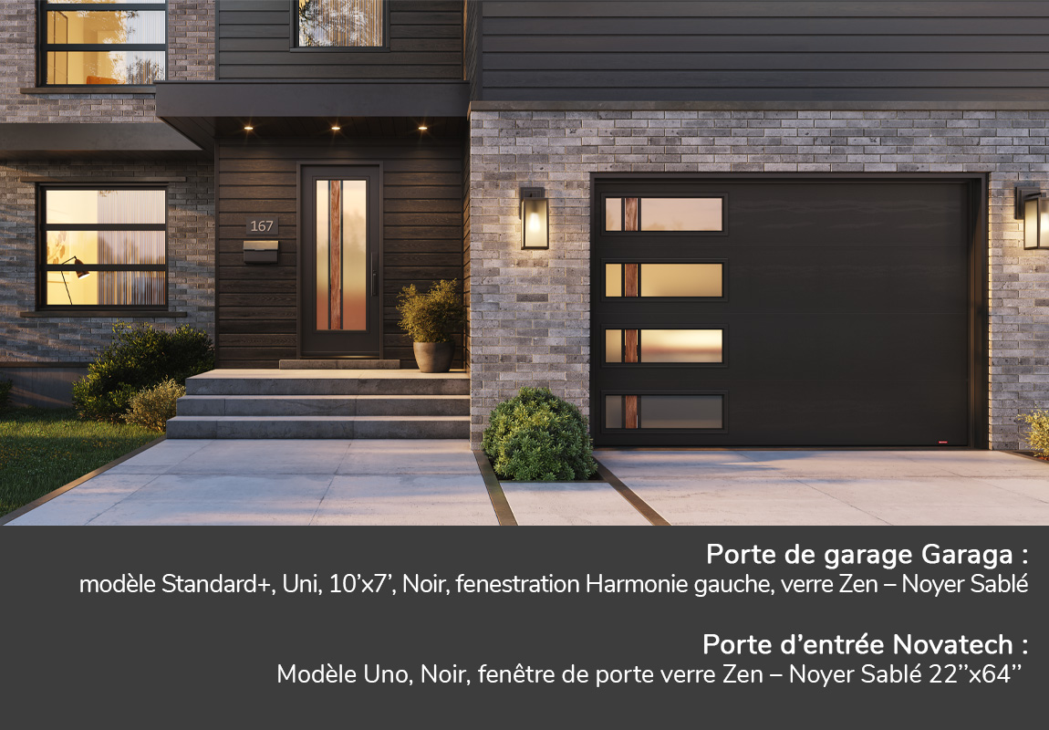 Portes de garage GARAGA | Standard+, Uni, 10’x7’, Noir, fenestration Harmonie gauche, verre Zen – Noyer Sablé | Porte d'entrée Novatech