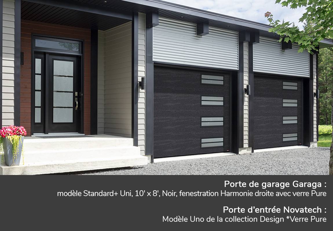 Porte de garage Garaga : Standard+ Uni, 10' x 8', Noir, fenestration Harmonie droite avec verre Pure